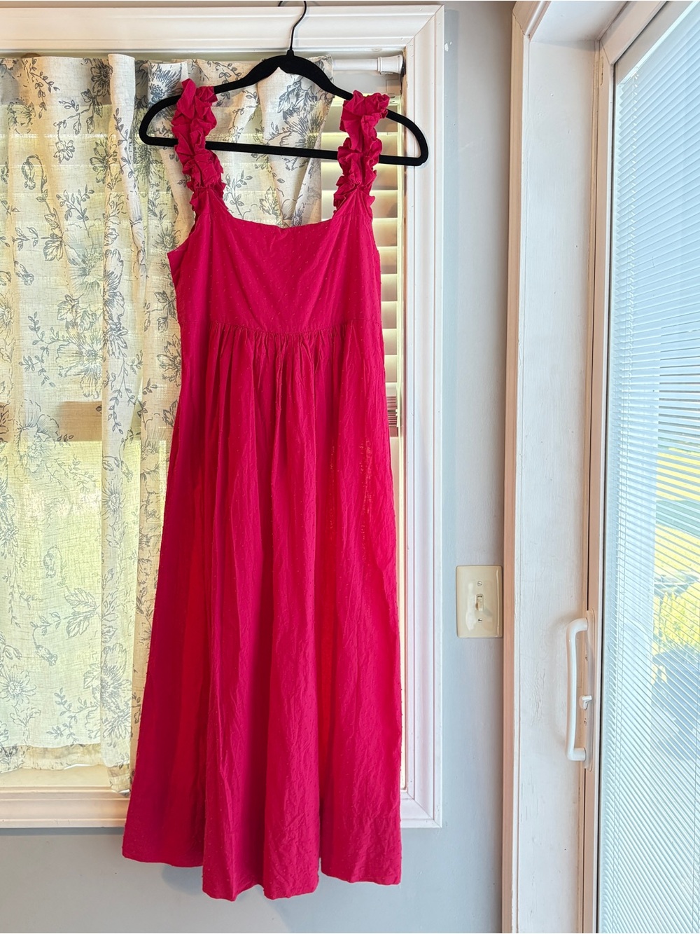 Lake Lolly Midi Swiss Dot Ruffle Hot Pink Dress Heatwave
